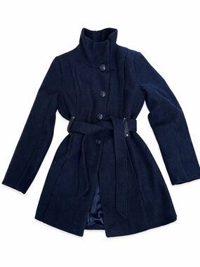 Women's Navy Belted Wool-Blend Coat